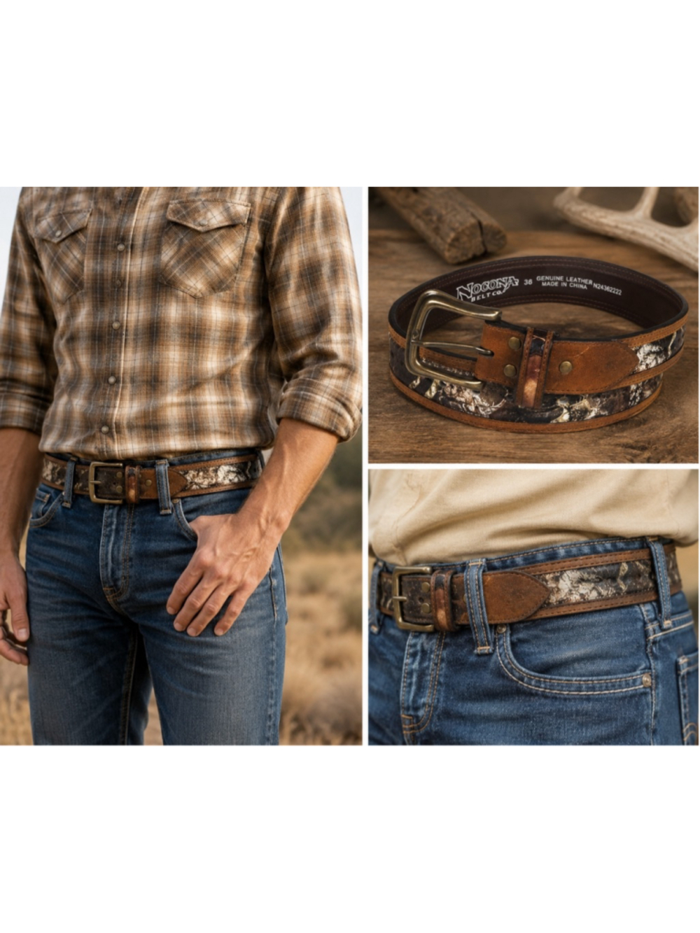 Nocona Belt Co Size 36 Genuine Leather Western Belt Brown Deer Buck Camo